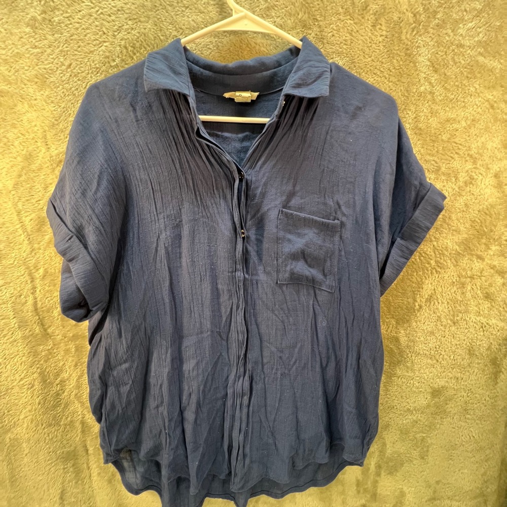 Twine & Strong Womens Navy Blue Textured Gauze Button Up Size L Beachy‎ Boho